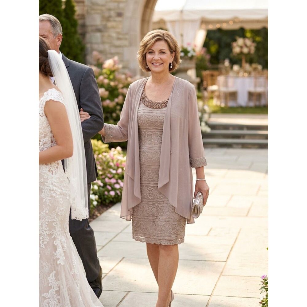 NWT R&M Richards 2-Piece Taupe Embellished Cocktail Dress & Jacket Size 16 Flaw